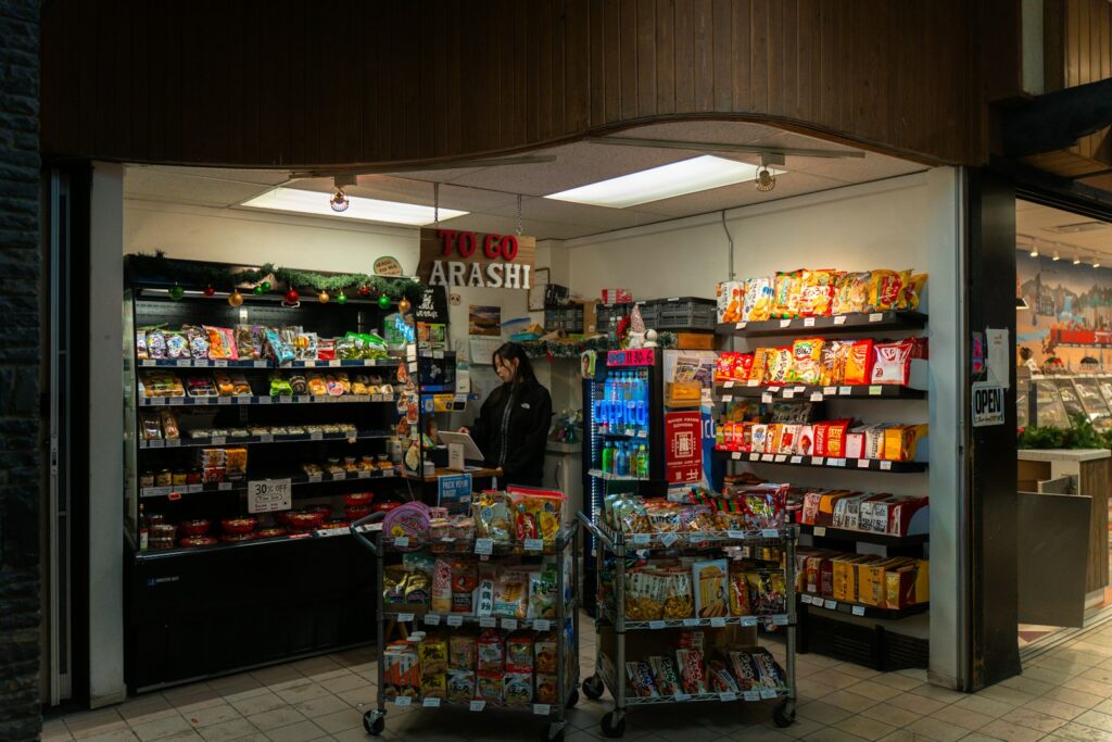 A small convenience store with snacks and drinks.