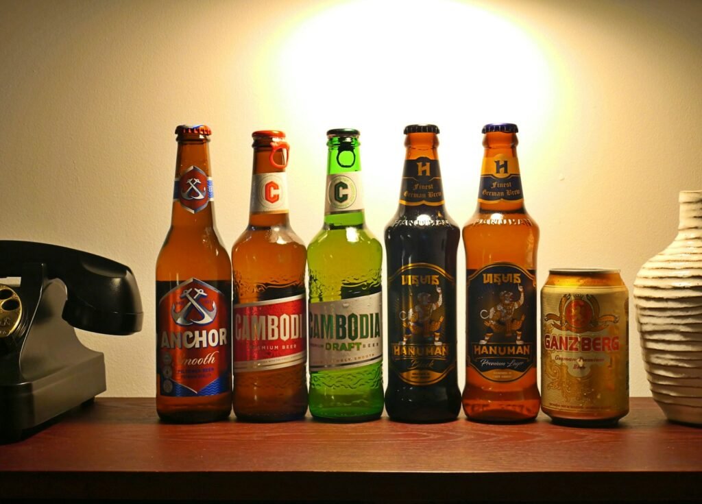 a number of different types of beer on a table